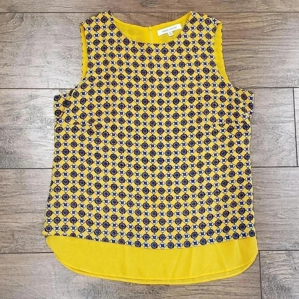 Rose+Olive Navy & Yellow Sleeveless Blouse Size Medium